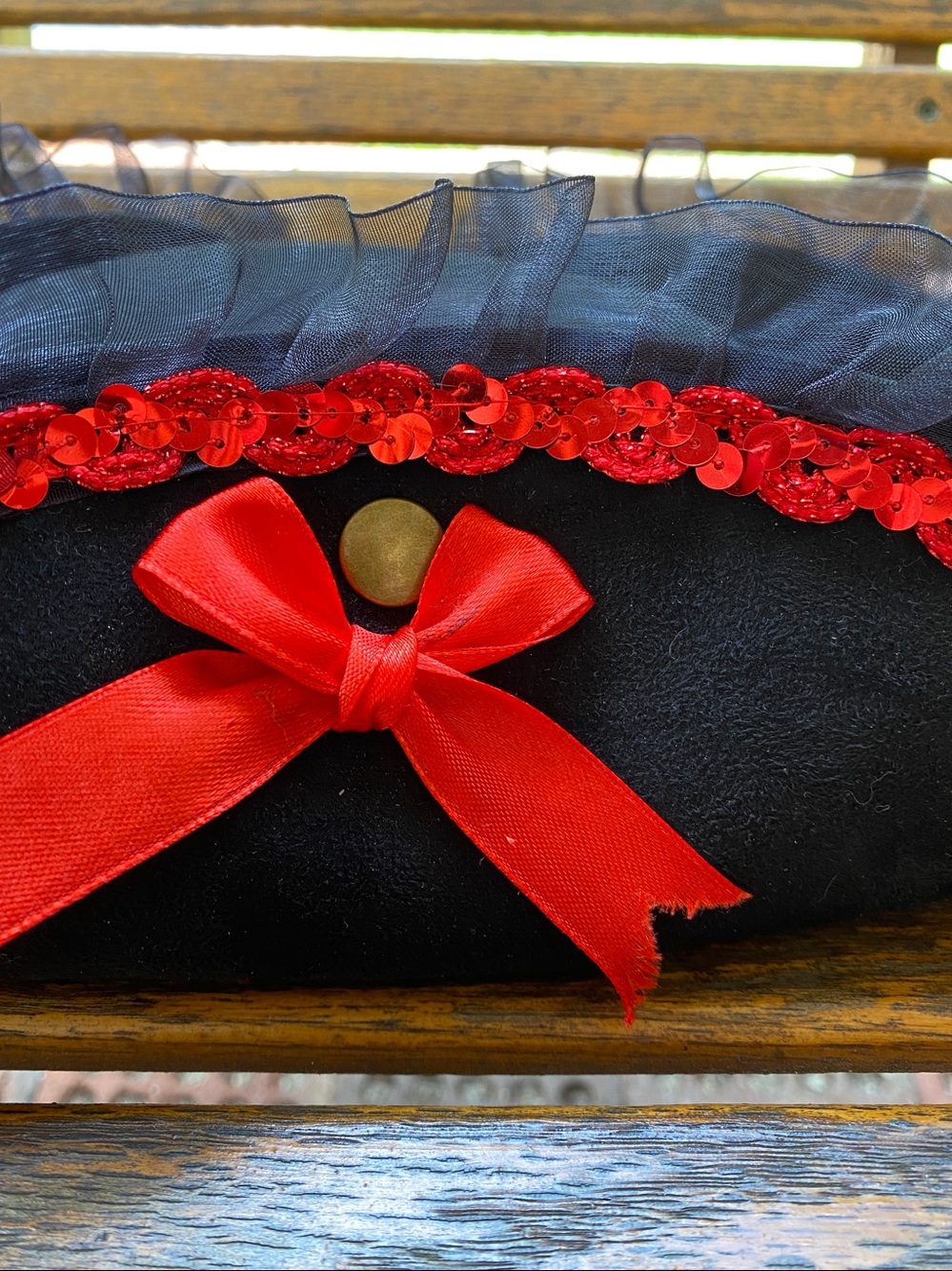 Tricorn snap brim pirate hat costume cap black felt red ribbon and bows - Picture 8 of 9